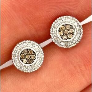 10k Solid White Gold White And Brown Diamond Studs Earring